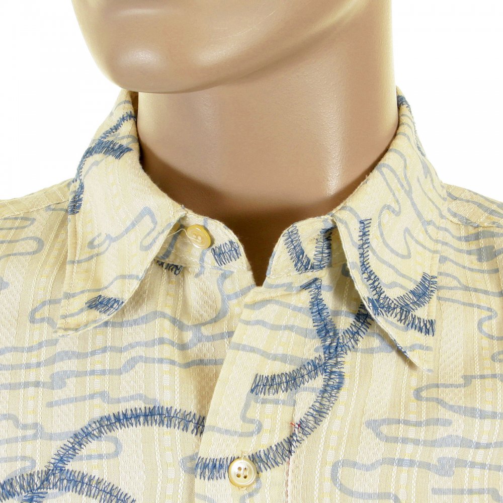 Cream Shirt with Blue Print and Embroidery