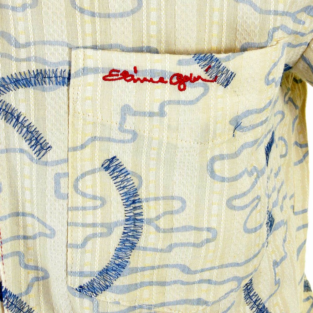 Cream Shirt with Blue Print and Embroidery