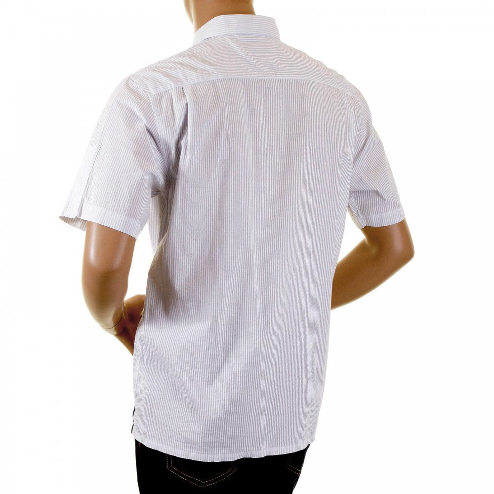 Mens Short Sleeve White and Grey Stripe Shirt