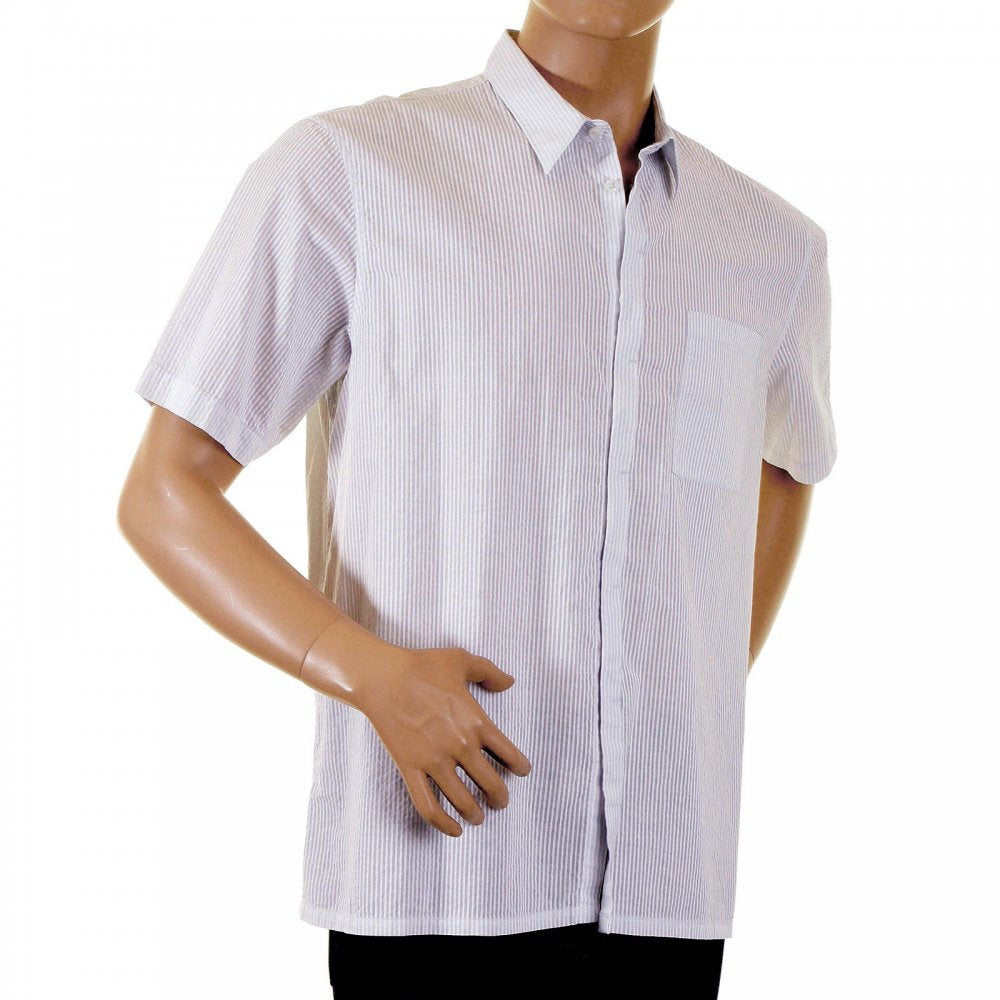 Mens Short Sleeve White and Grey Stripe Shirt
