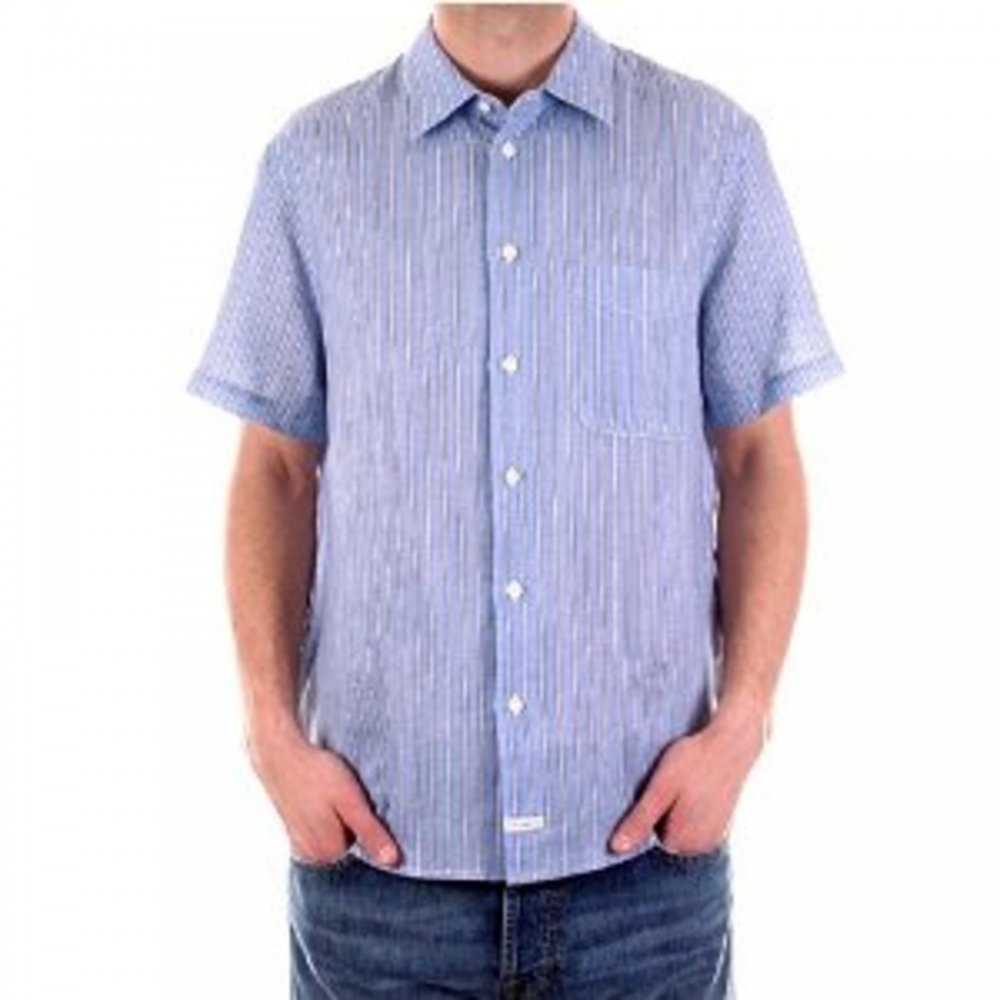 Blue and White Vertical Striped Short Sleeve Shirt