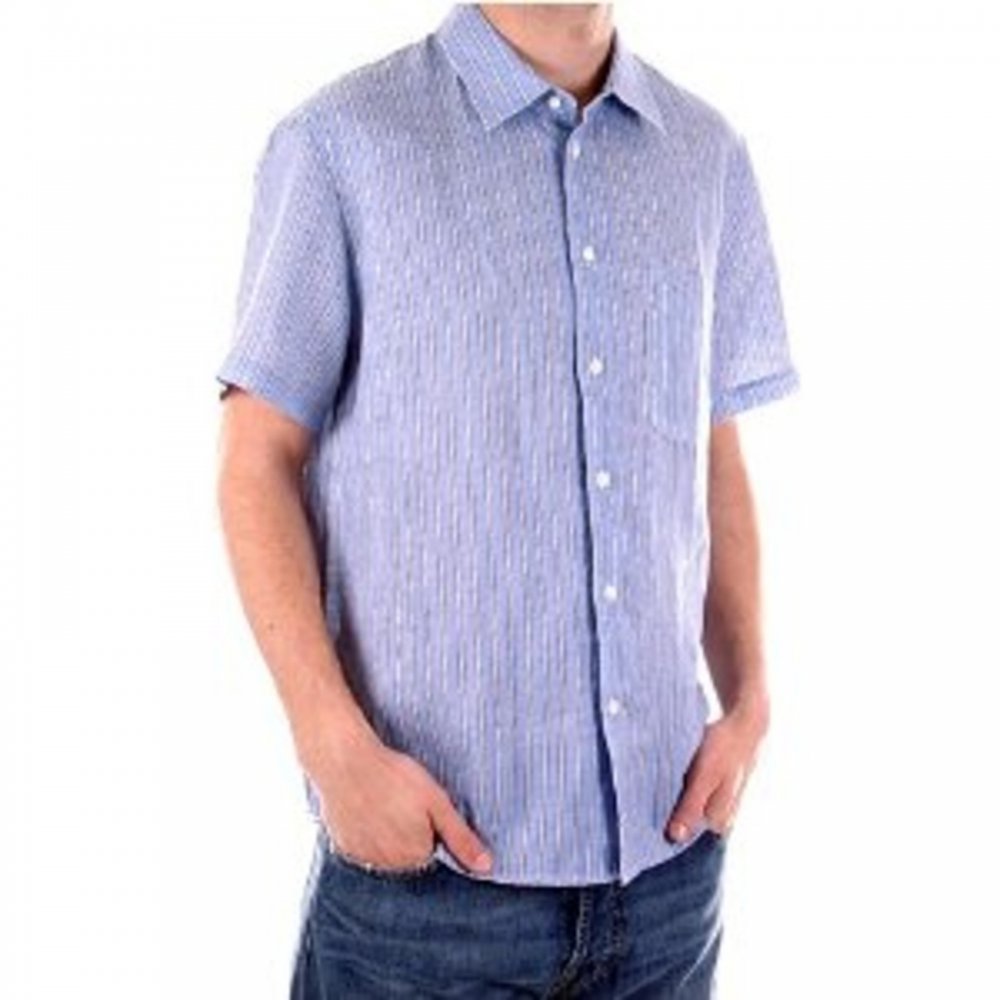 Blue and White Vertical Striped Short Sleeve Shirt