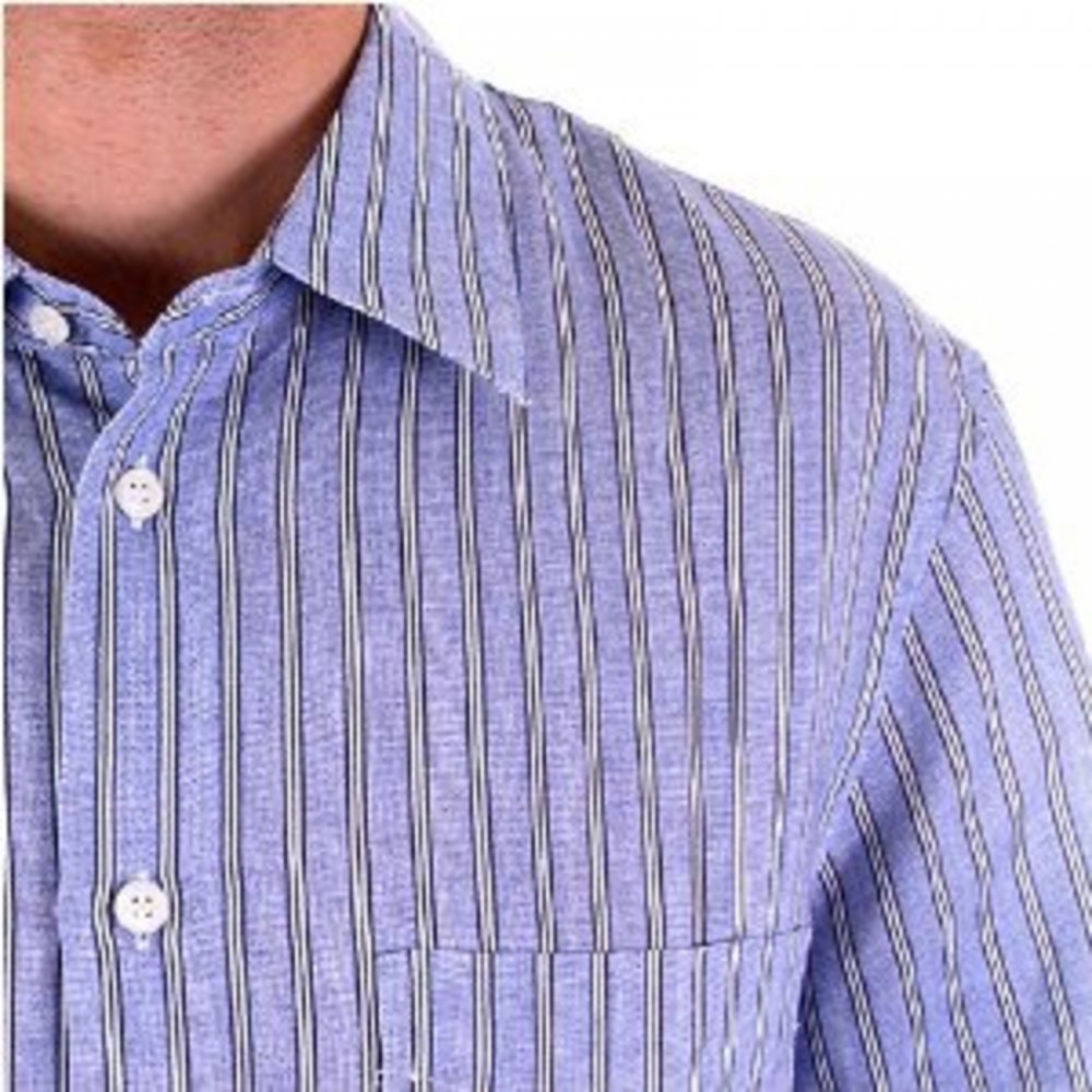 Blue and White Vertical Striped Short Sleeve Shirt