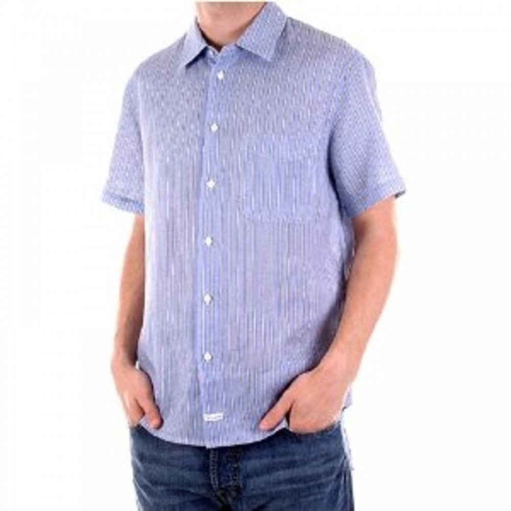 Blue and White Vertical Striped Short Sleeve Shirt