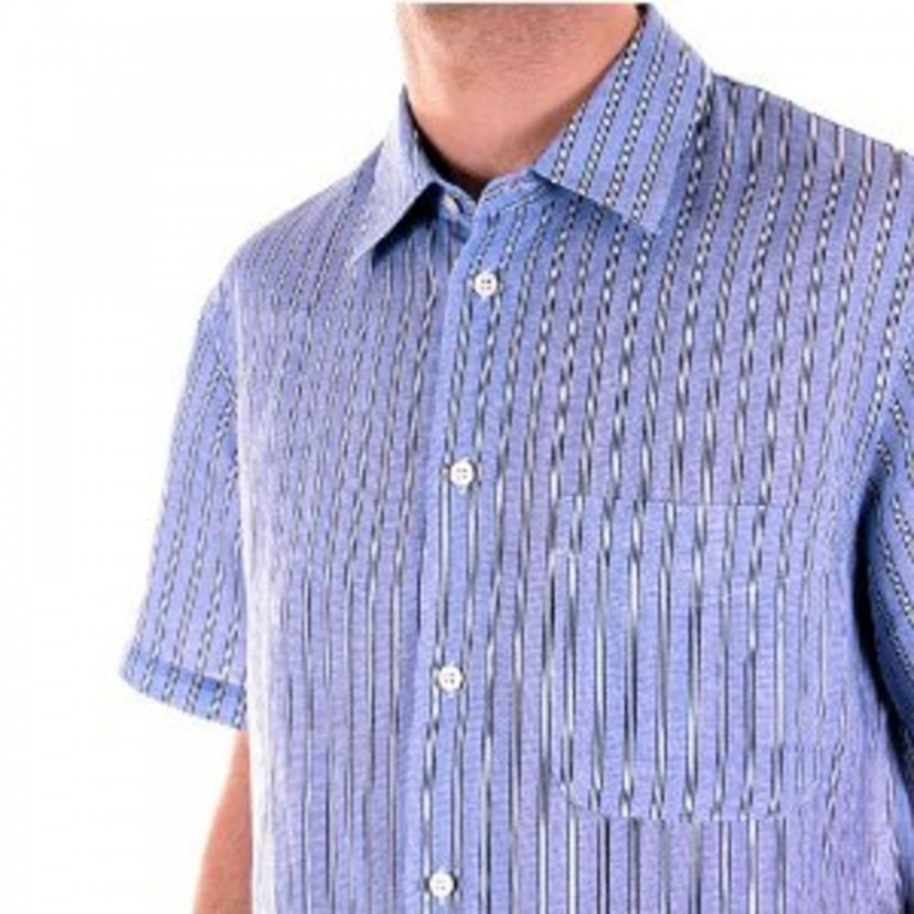 Blue and White Vertical Striped Short Sleeve Shirt