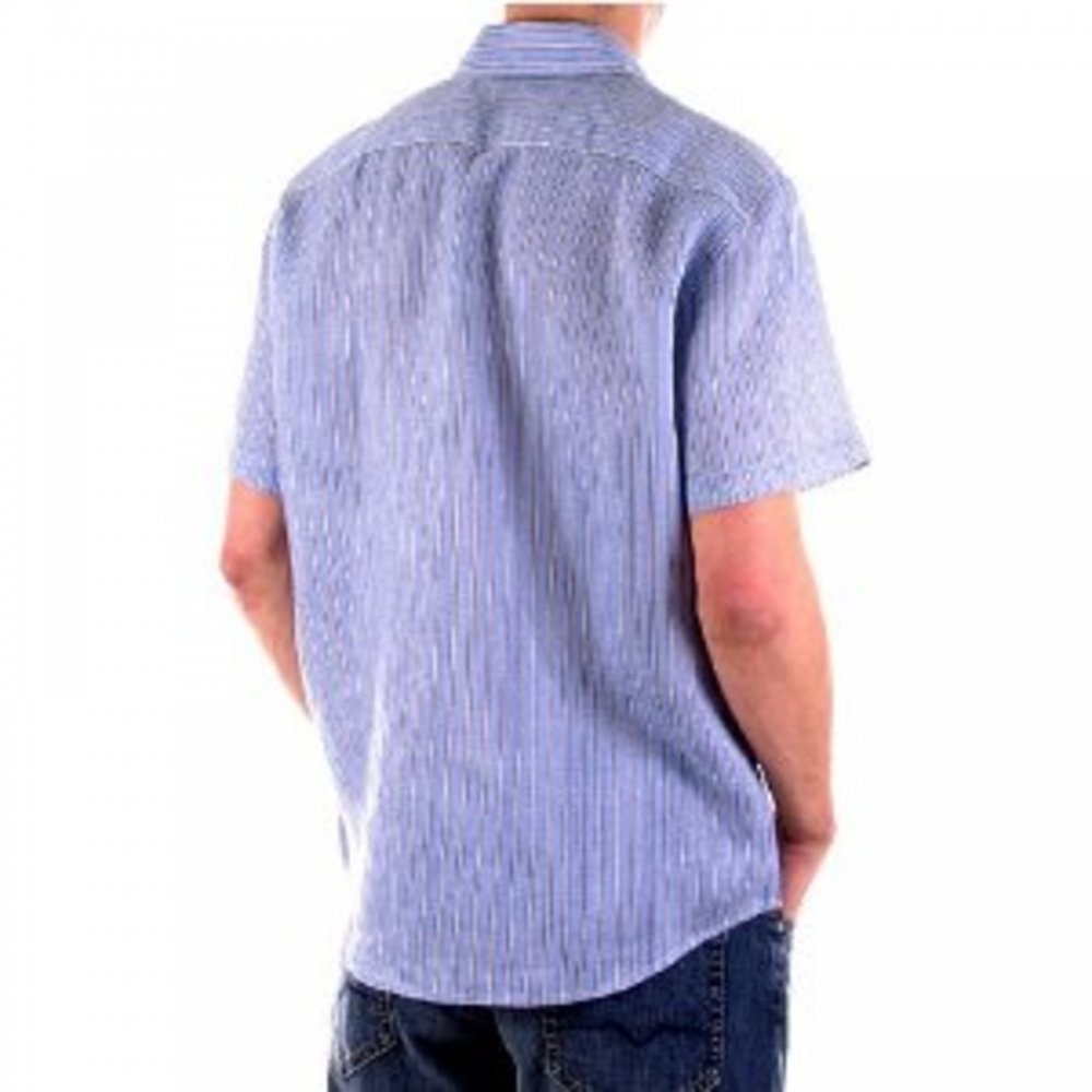 Blue and White Vertical Striped Short Sleeve Shirt