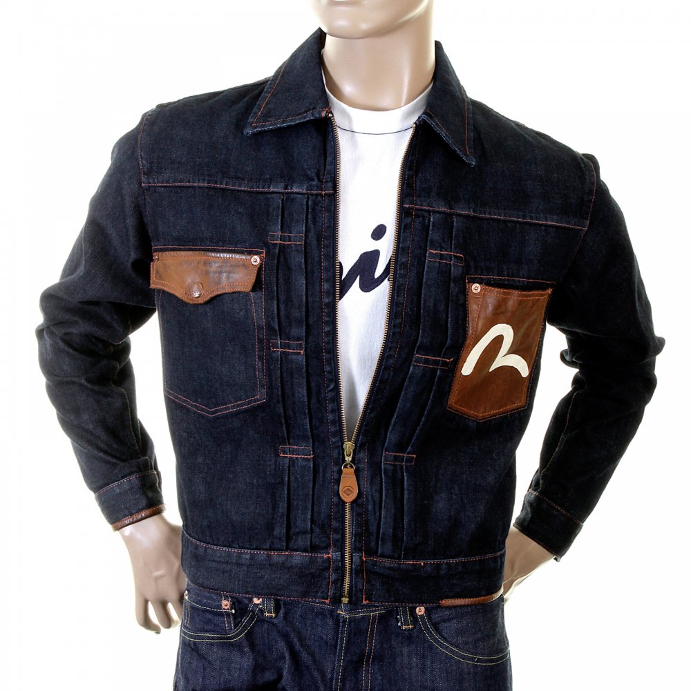 Original and Genuine Washed Denim Jacket with Leather Pockets