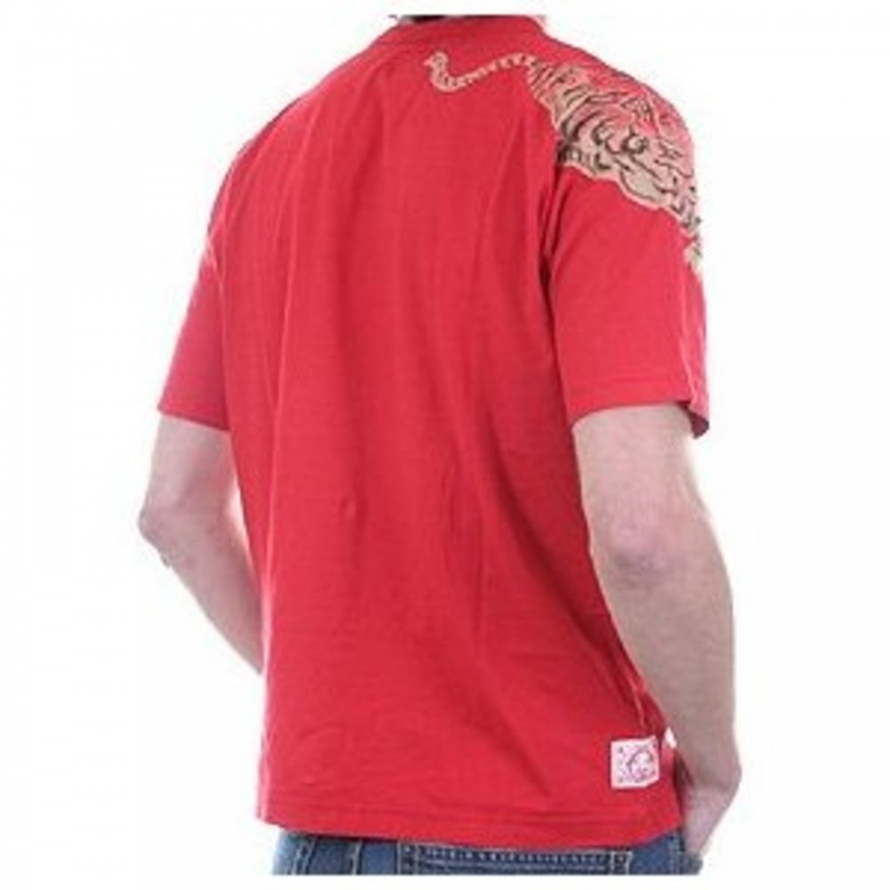 Red Crew Neck T-shirt with Embroidered Tiger