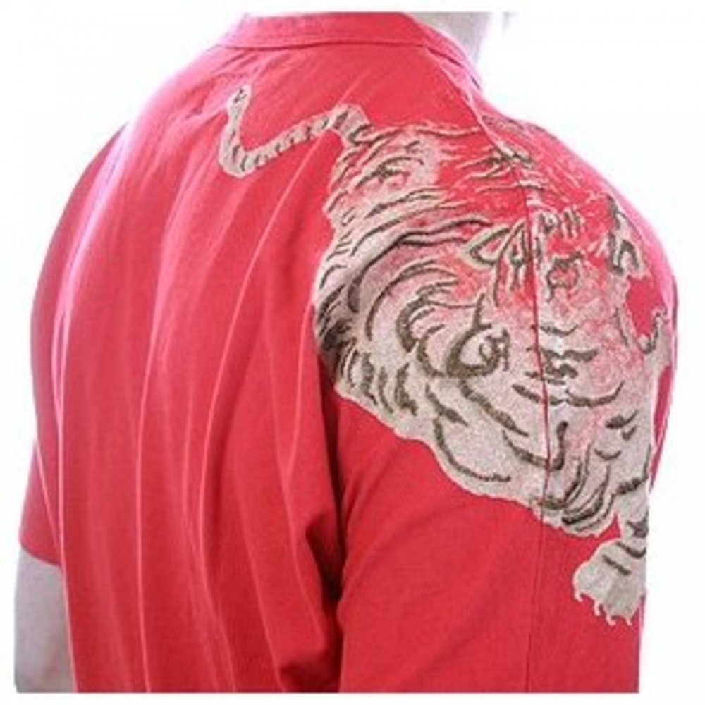 Red Crew Neck T-shirt with Embroidered Tiger