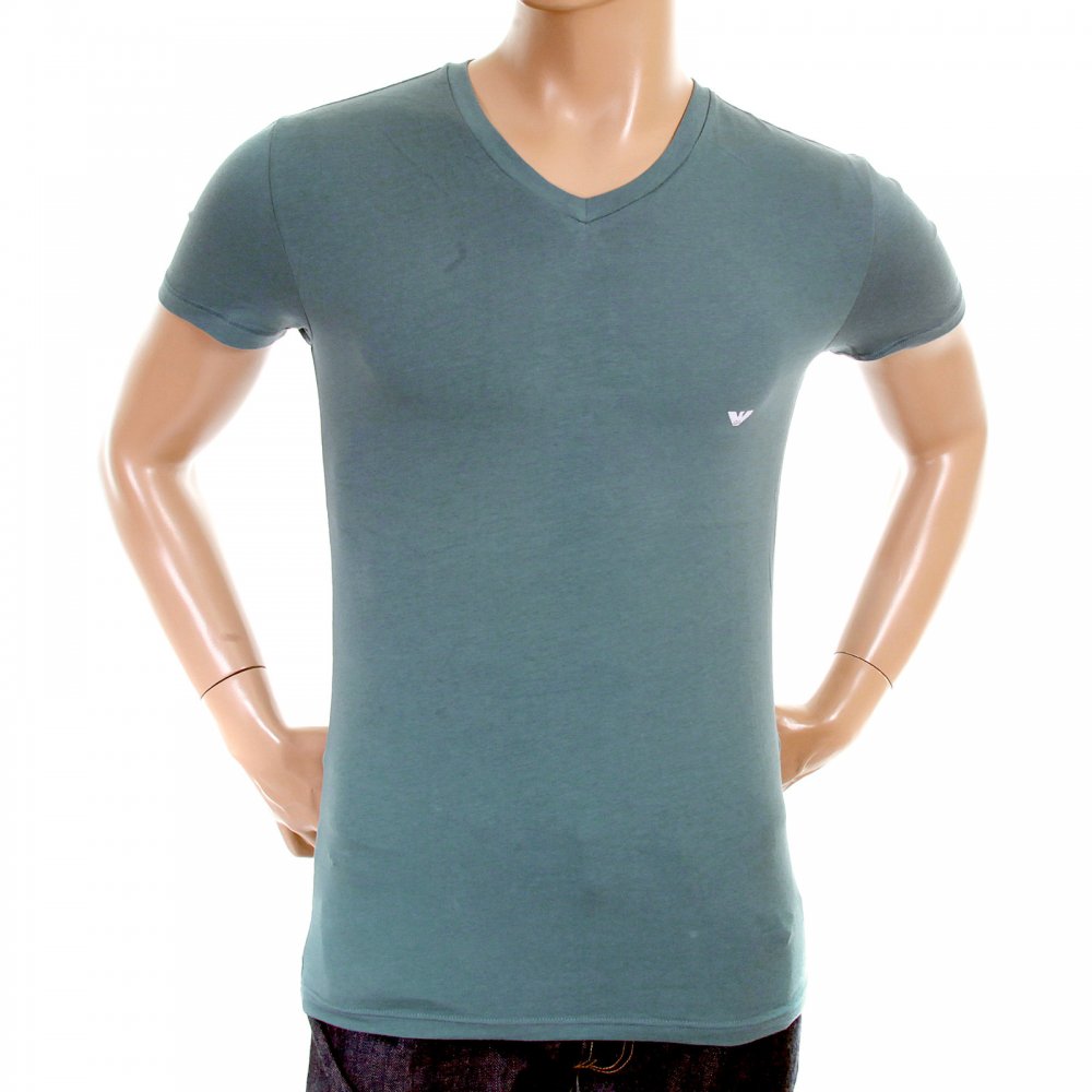 Smokey Blue, Stretch Cotton, Fitted V Neck T-Shirt