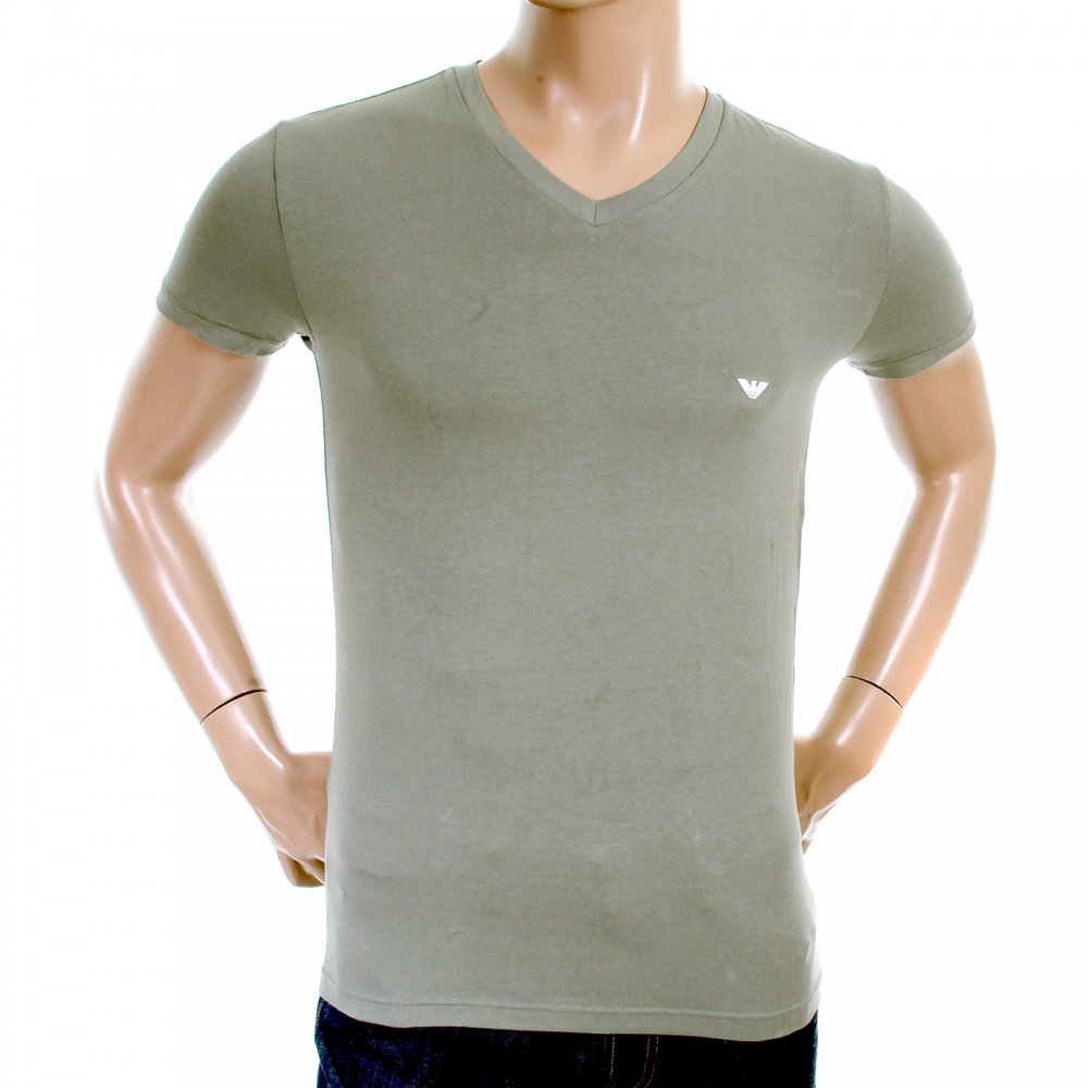 Stretch Cotton Fitted V Neck T-Shirt in Sage Green