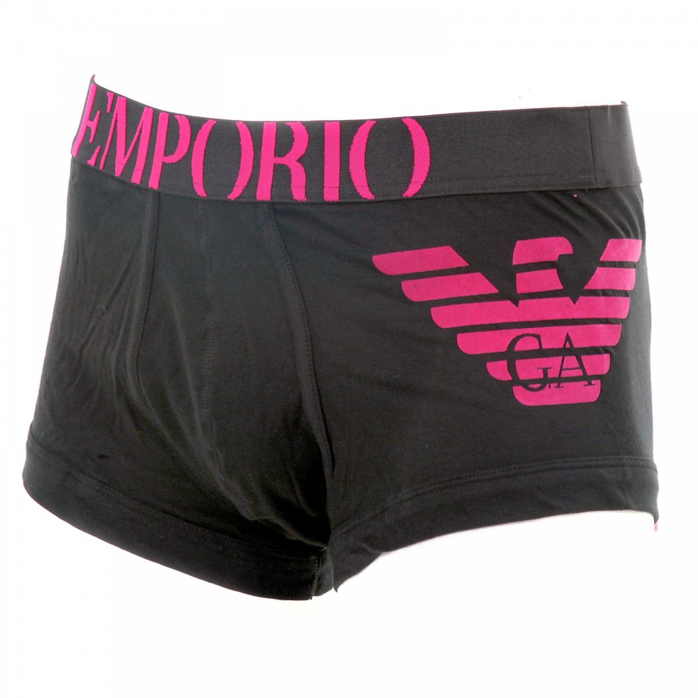 Black Stretch Cotton Trunk with Black Waistband and Fuchsia Logo