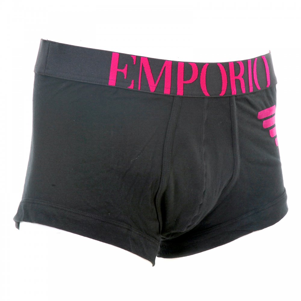 Black Stretch Cotton Trunk with Black Waistband and Fuchsia Logo