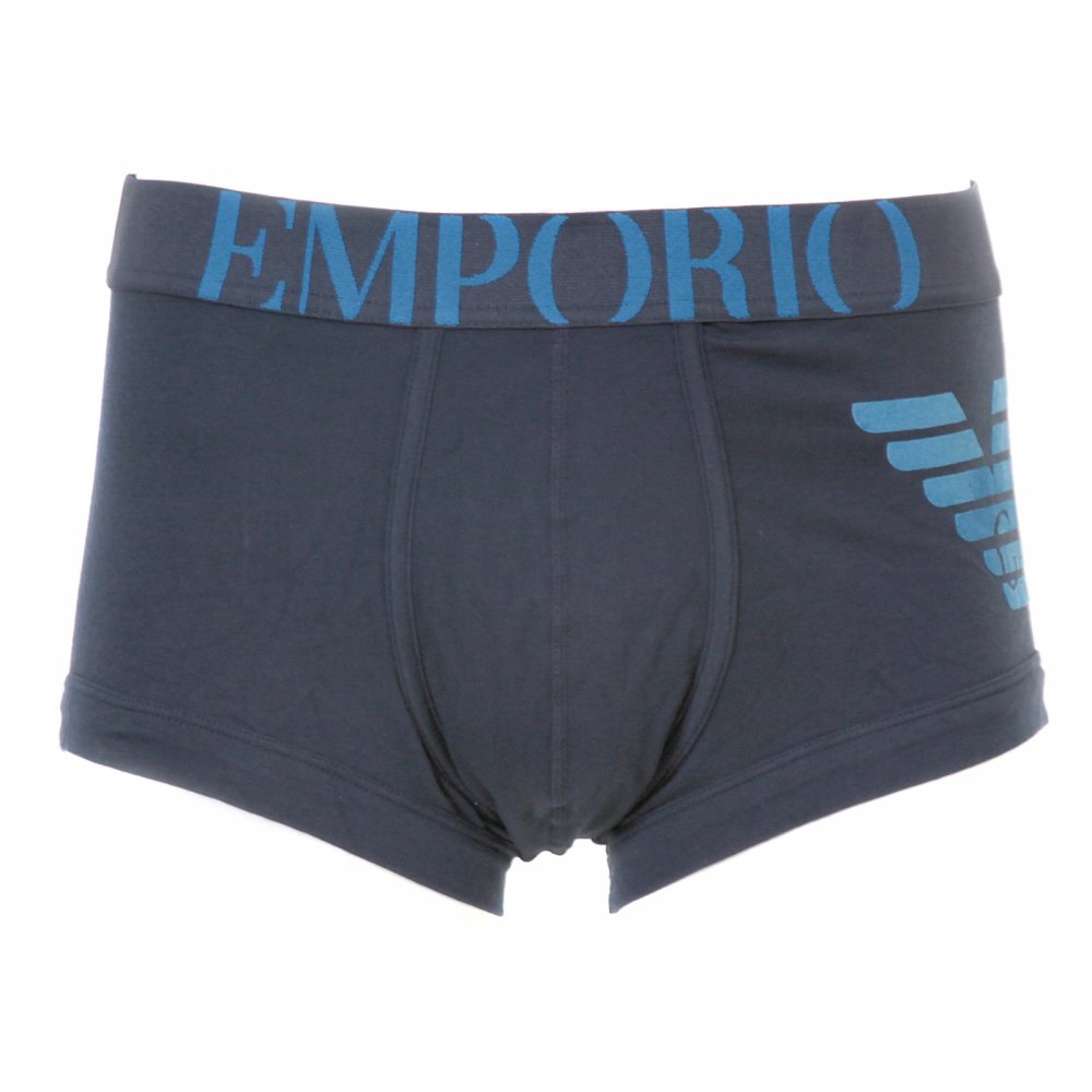 Navy Stretch Cotton Trunk with Black Waistband, and Blue Logo