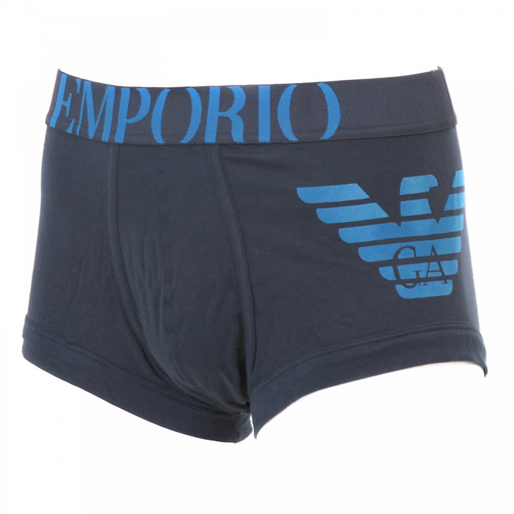 Navy Stretch Cotton Trunk with Black Waistband, and Blue Logo