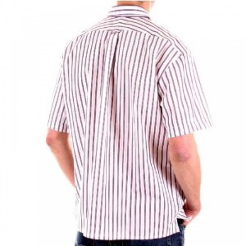 White with Plum and Grey Stripes Short Sleeved Shirt
