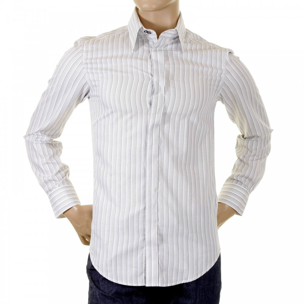 Grey and White Striped Long Sleeve Fitted Shirt