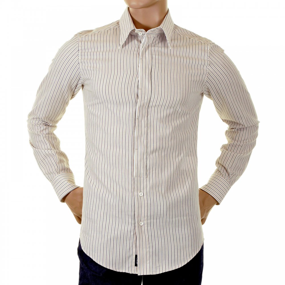 Beige Striped Fitted Long Sleeve Shirt