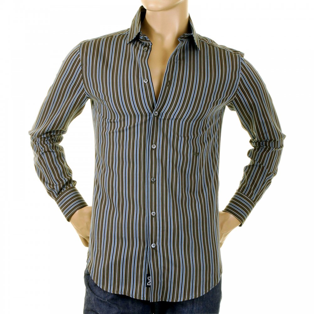 Olive/Blue/Black Striped Fitted Long Sleeve Shirt