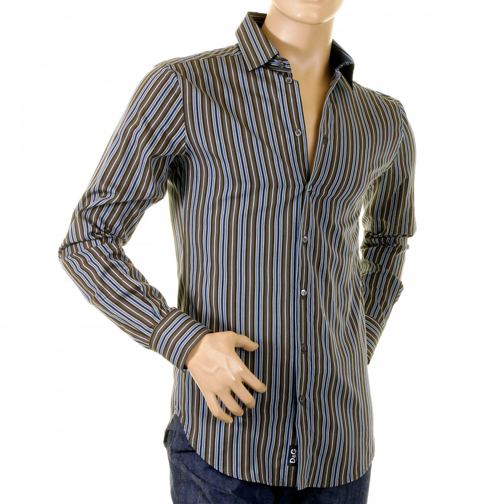 Olive/Blue/Black Striped Fitted Long Sleeve Shirt