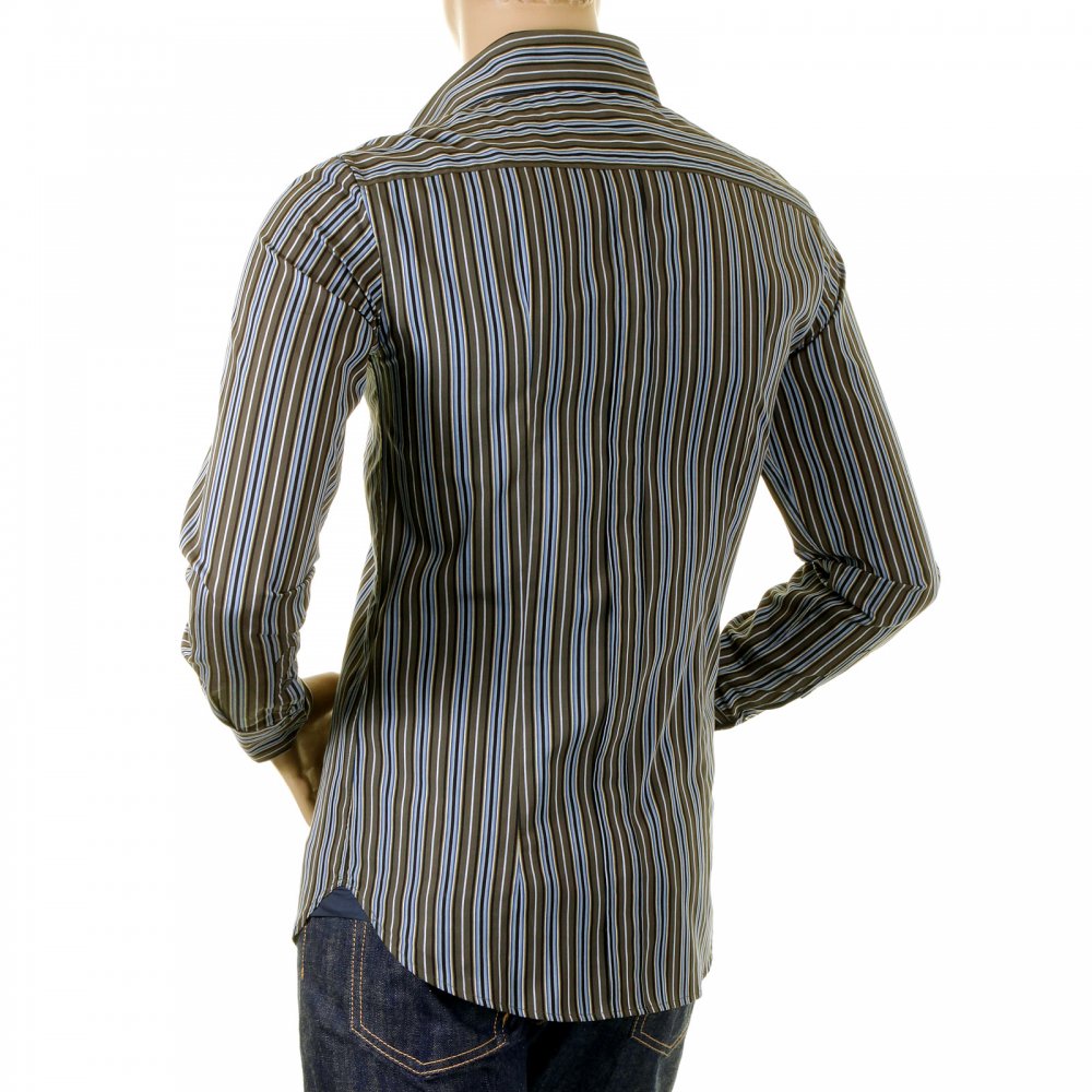 Olive/Blue/Black Striped Fitted Long Sleeve Shirt