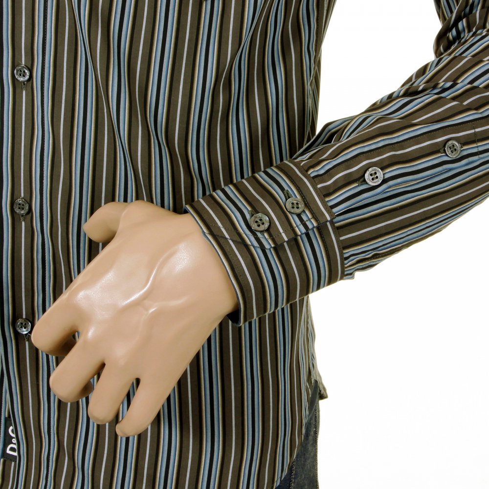 Olive/Blue/Black Striped Fitted Long Sleeve Shirt
