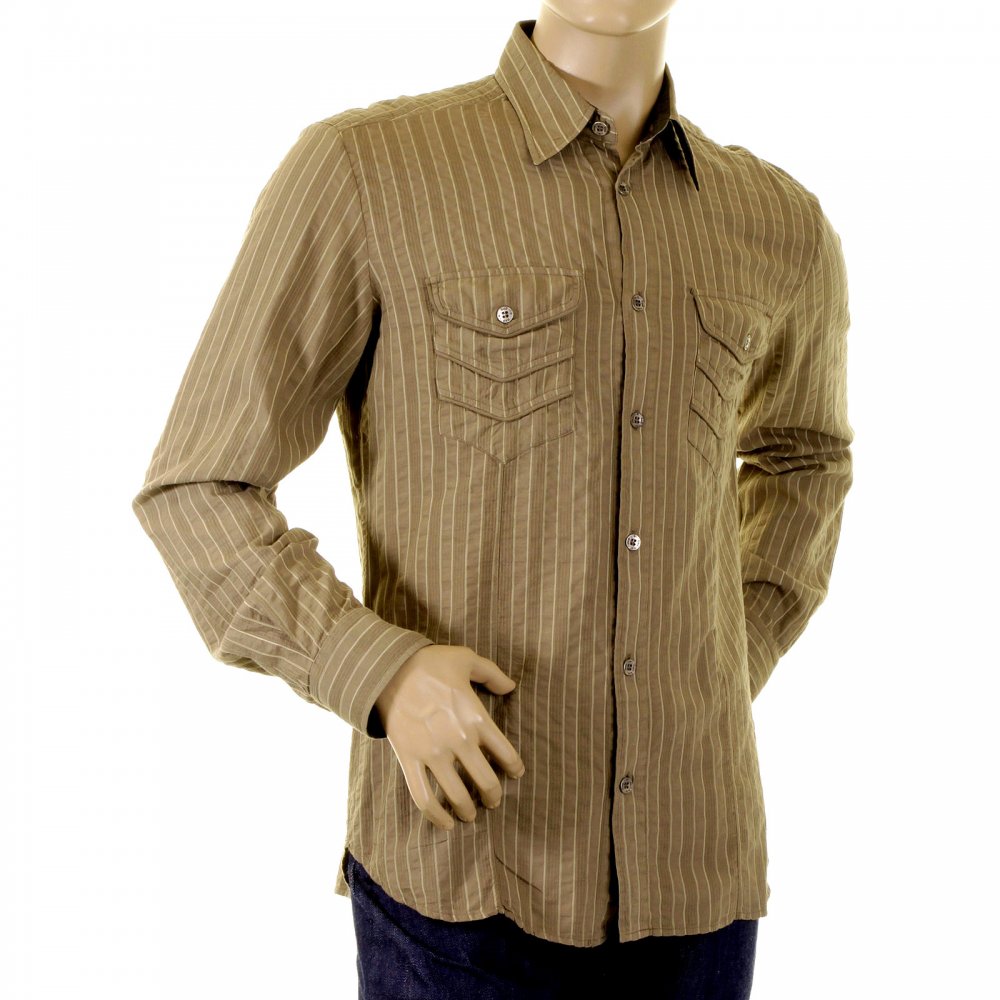 Khaki Striped Fitted Long Sleeve Shirt