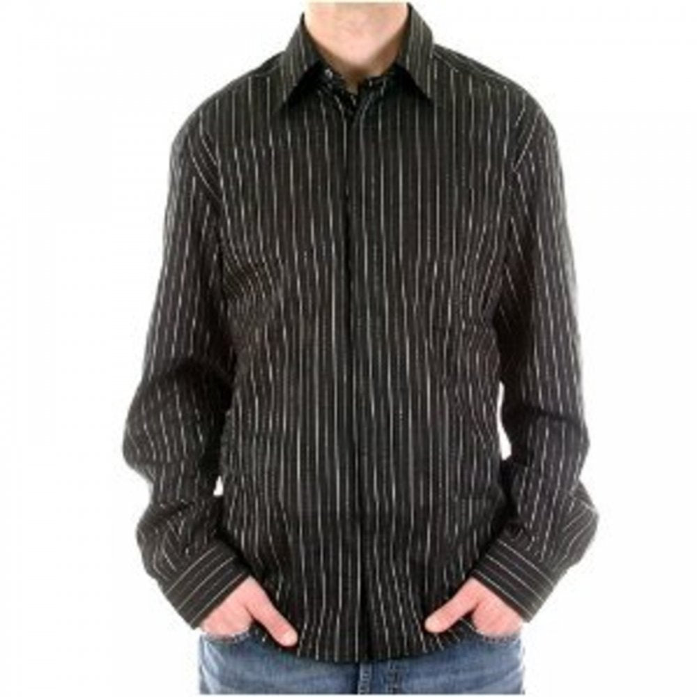 Black with Silver Striped Long Sleeve Fitted Shirt