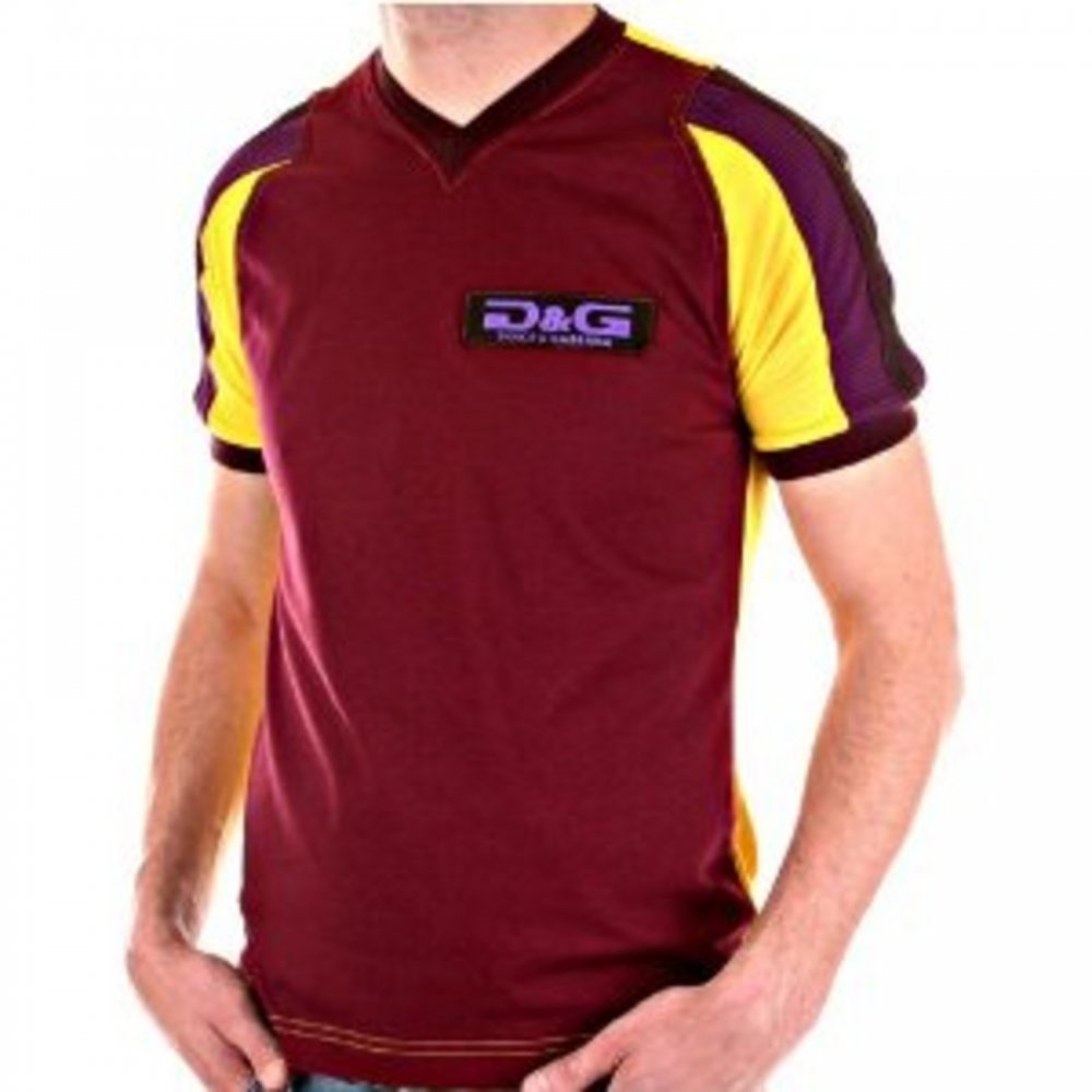 Burgundy and Yellow Crew Neck Short Sleeve Slim Fit T-Shirt