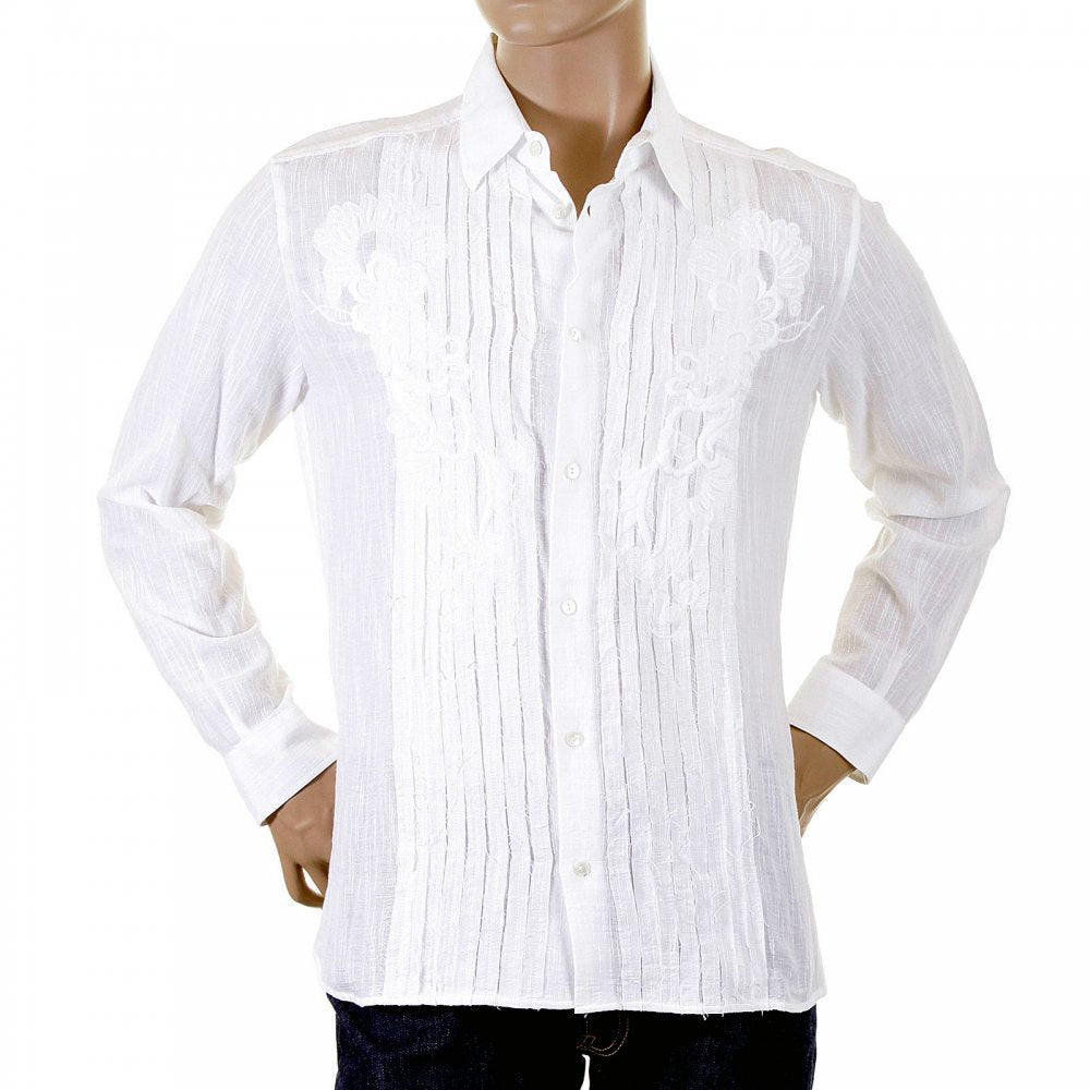 White Pleated Fitted Long Sleeve Shirt