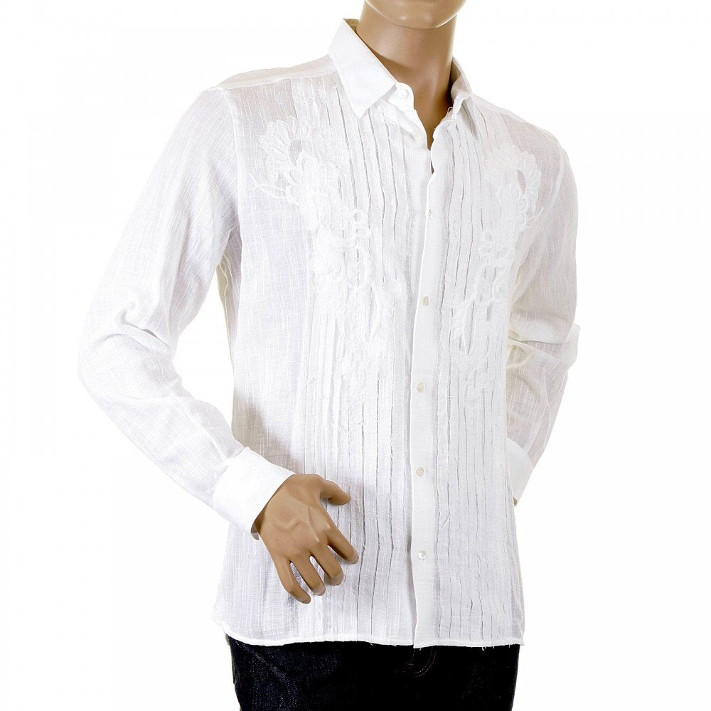 White Pleated Fitted Long Sleeve Shirt