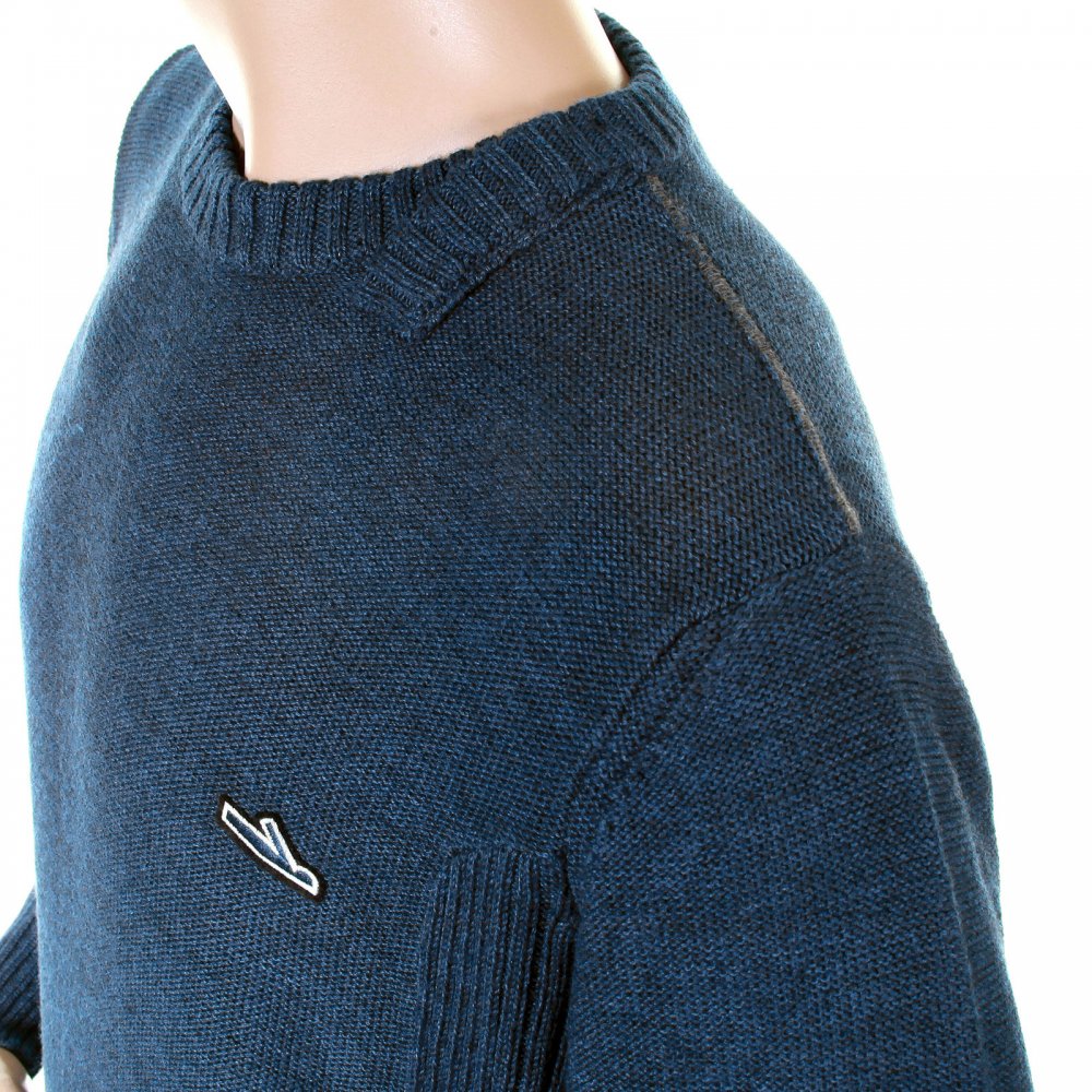 Blue wool mix panel crew neck knitwear