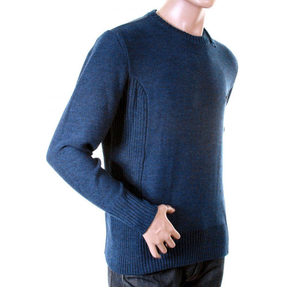 Blue wool mix panel crew neck knitwear