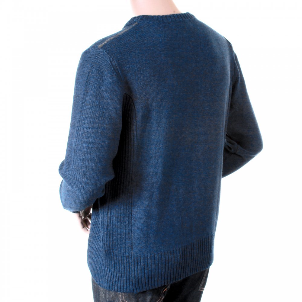Blue wool mix panel crew neck knitwear