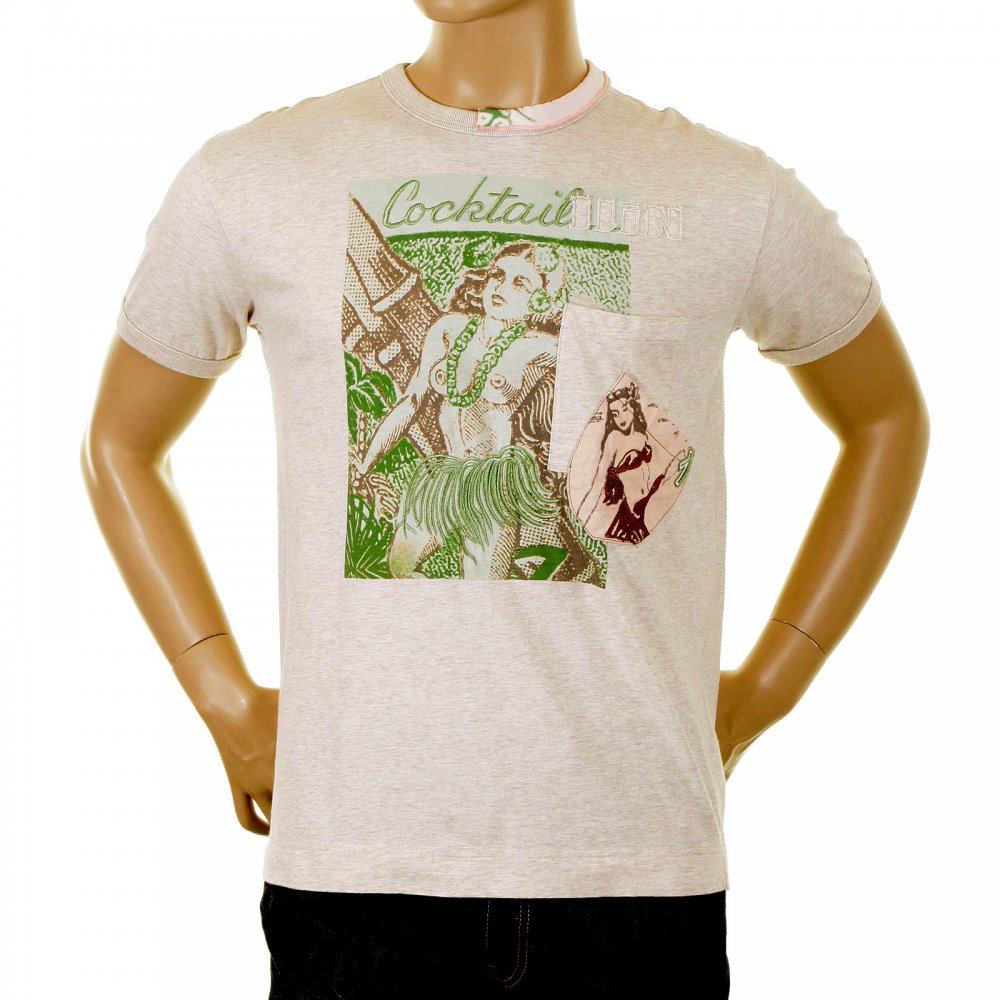 Washed Cream Crew Neck Short Sleeve Regular Fit Cocktail Front T Shirt