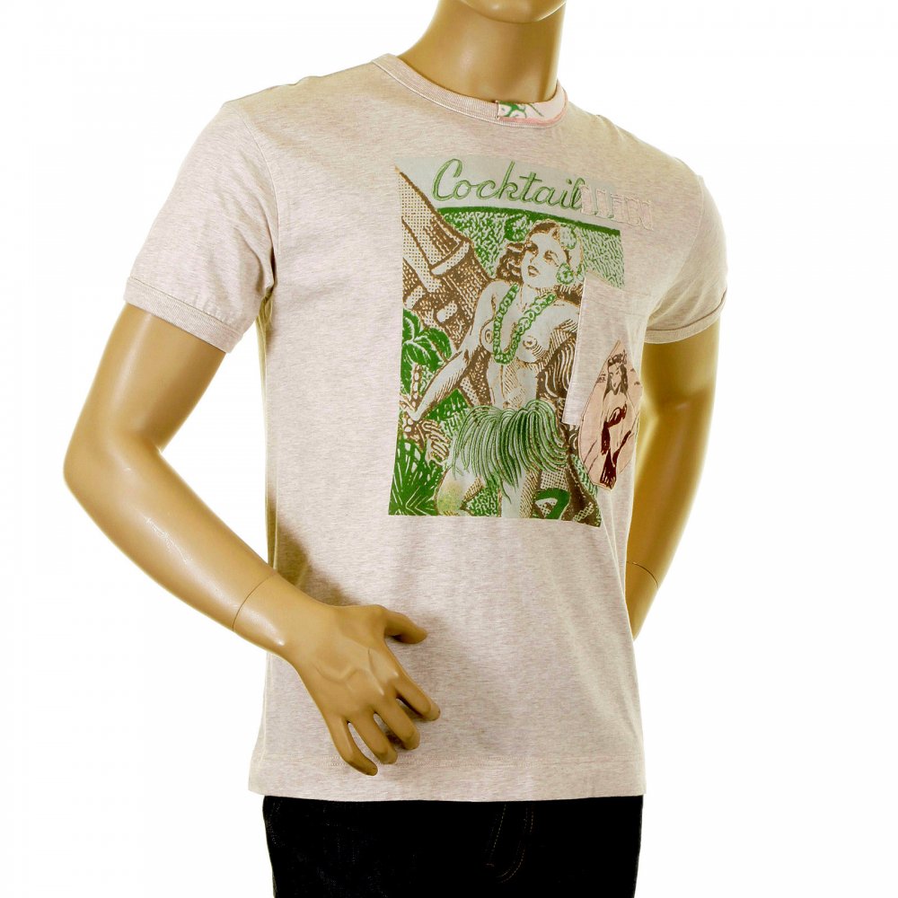 Washed Cream Crew Neck Short Sleeve Regular Fit Cocktail Front T Shirt