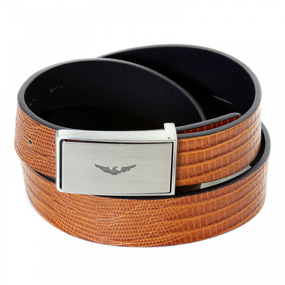 Fully Reversible Navy Blue and Dark Tan Mock Croc Leather Belt