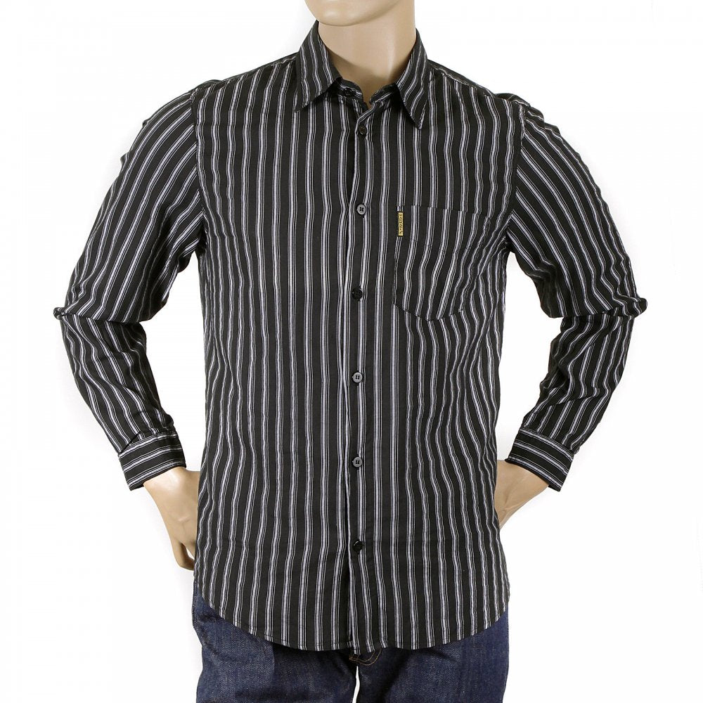 Black Long Sleeve Regular Fit Shirt with Printed Stripes