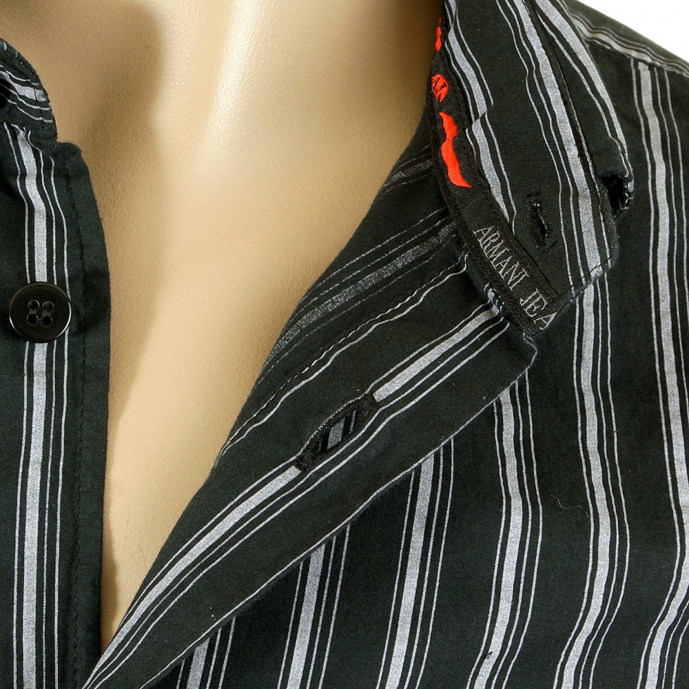 Black Long Sleeve Regular Fit Shirt with Printed Stripes
