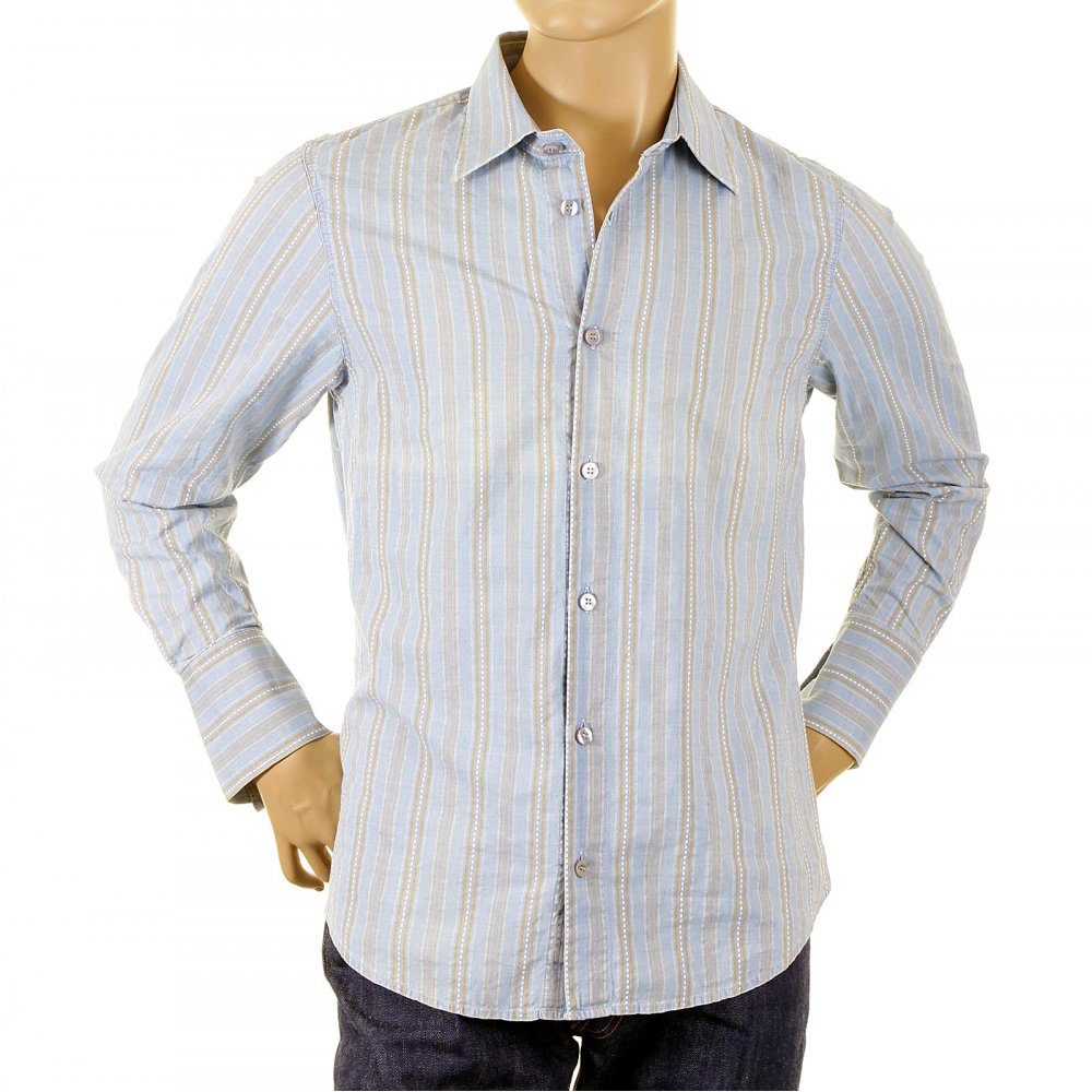 Long Sleeve Regular Fit Washed Blue Cotton Woven and Stitched Striped Shirt