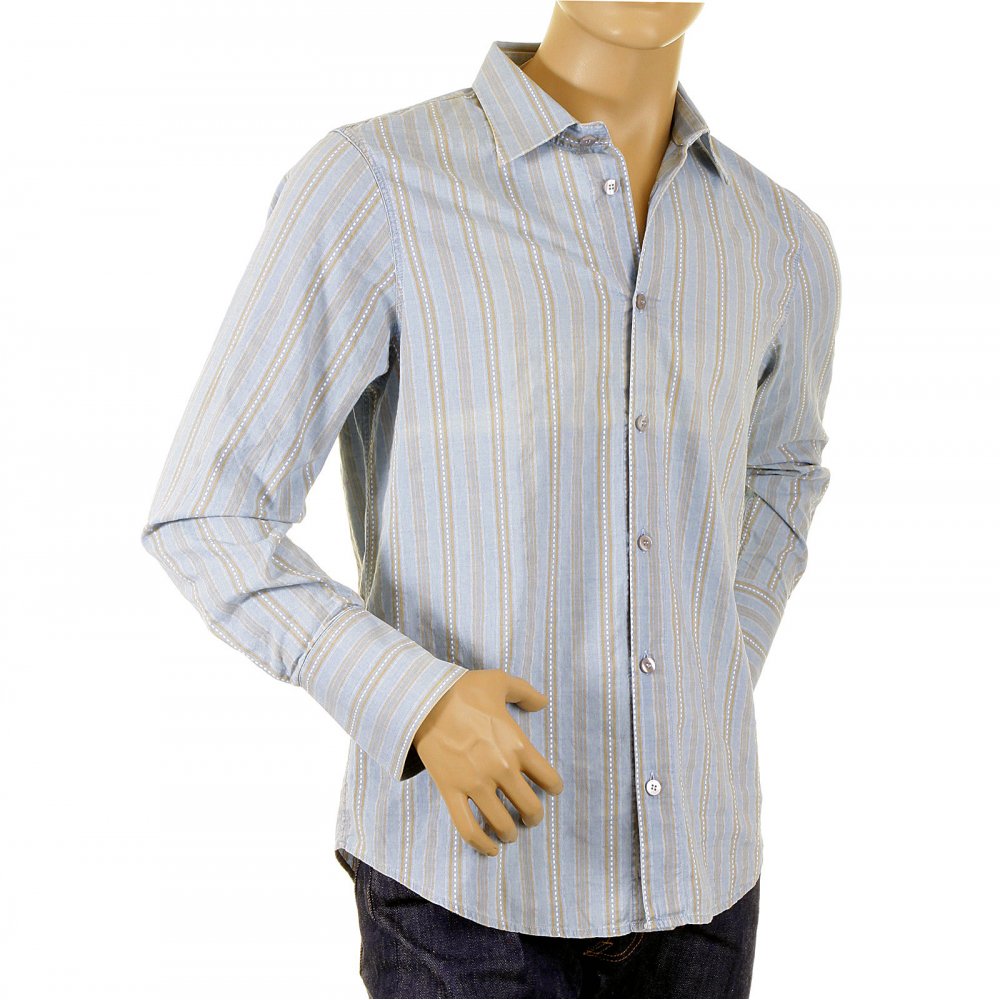 Long Sleeve Regular Fit Washed Blue Cotton Woven and Stitched Striped Shirt