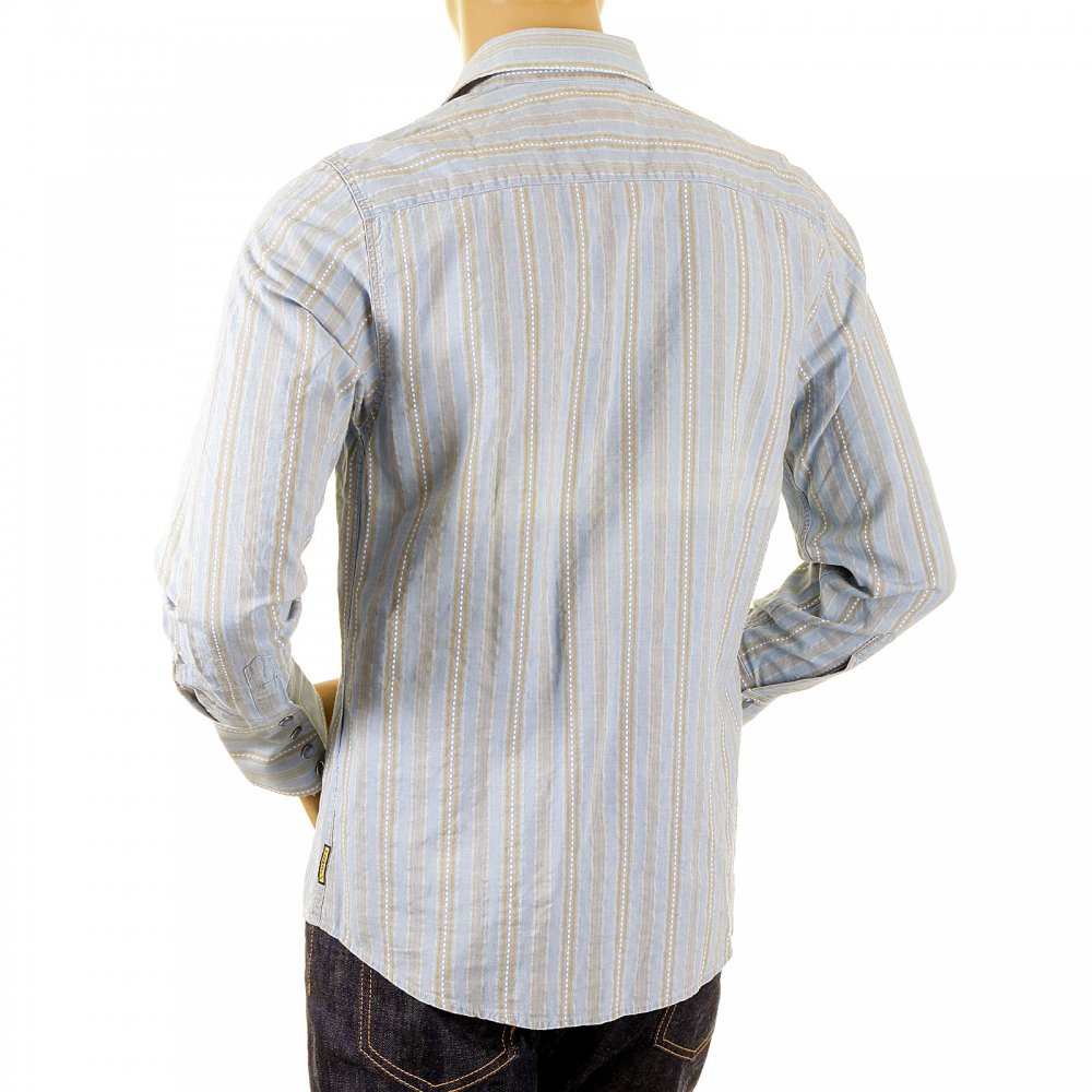 Long Sleeve Regular Fit Washed Blue Cotton Woven and Stitched Striped Shirt