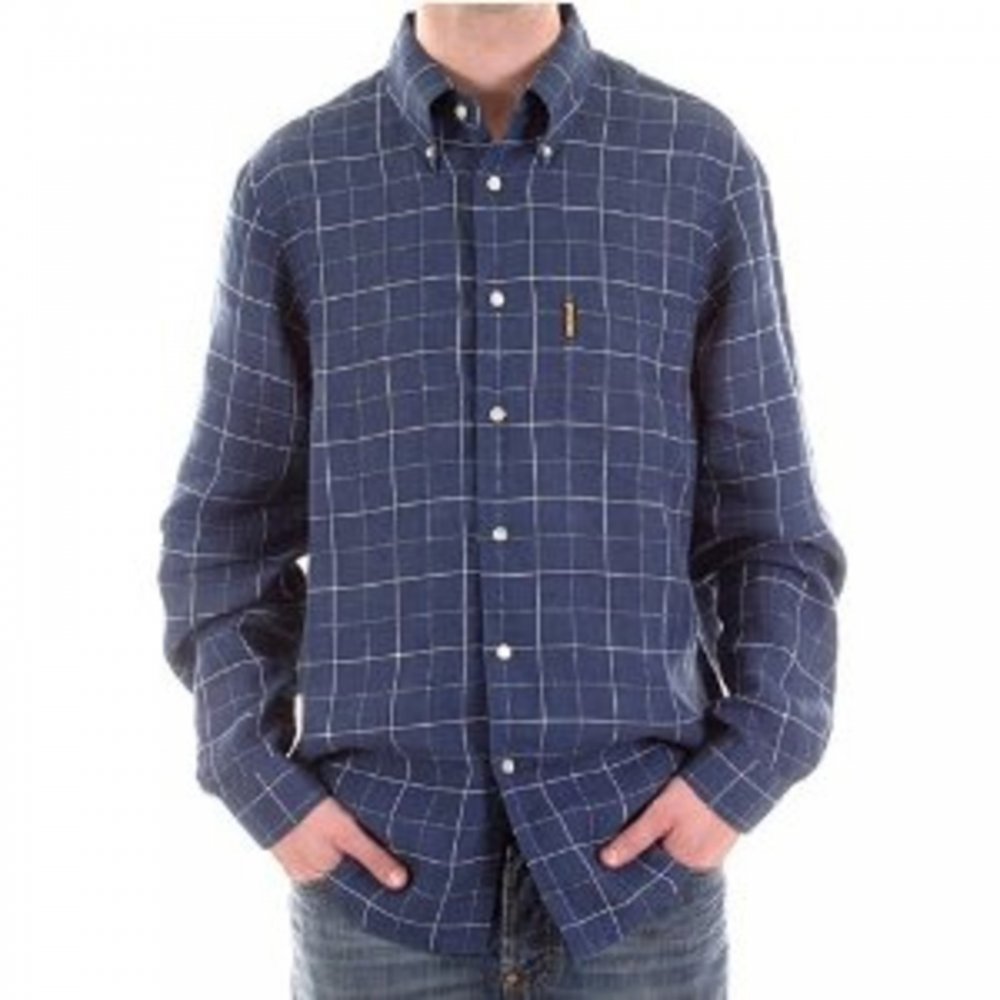 Linen Navy Blue Checked Long Sleeve Shirt
