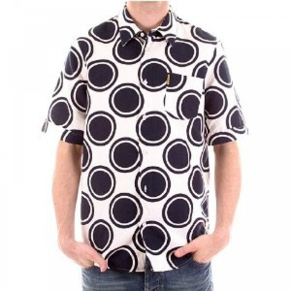 Short Sleeve Slim Fit White Shirt with Navy Circles