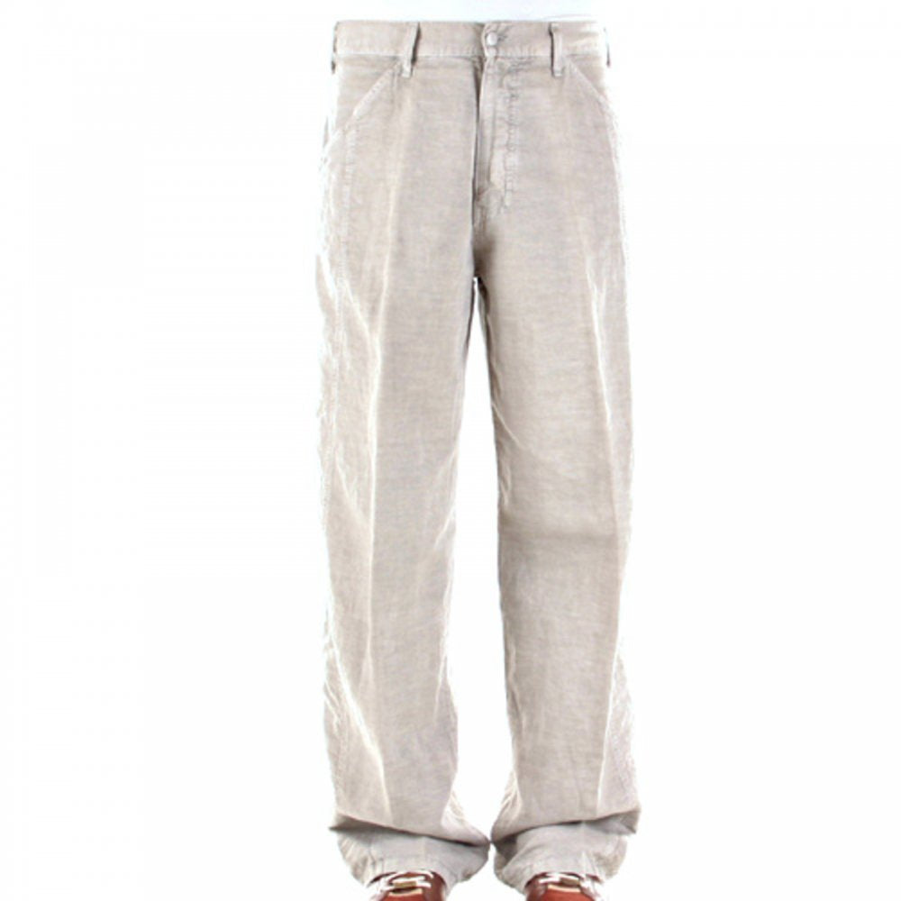 Beige Cotton Hemp Mix Regular Waist Straight Leg Trousers