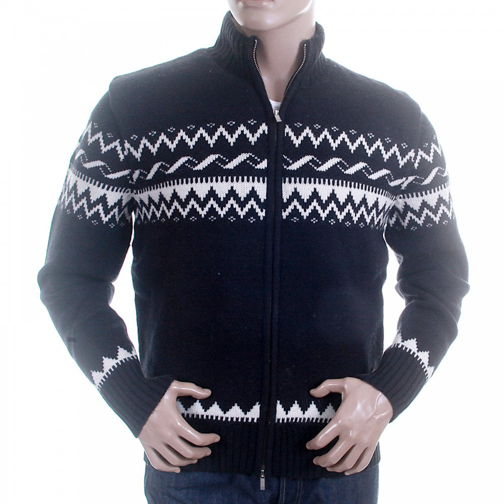 Navy Slim Fit Zip up Fleece Lined Wool Mix Cardigan Knitwear