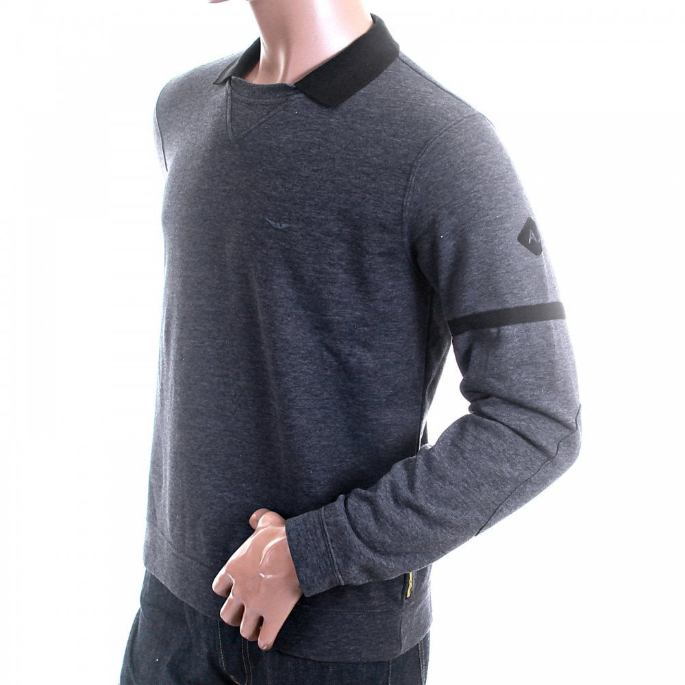 Blue Marl Regular Fit Crew Neck Collared Long Sleeve Pullover Sweatshirt