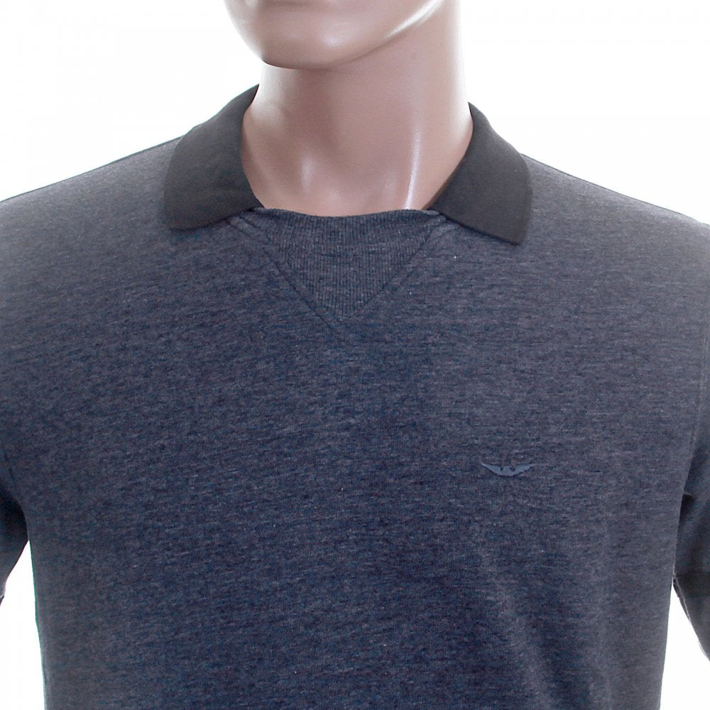 Blue Marl Regular Fit Crew Neck Collared Long Sleeve Pullover Sweatshirt