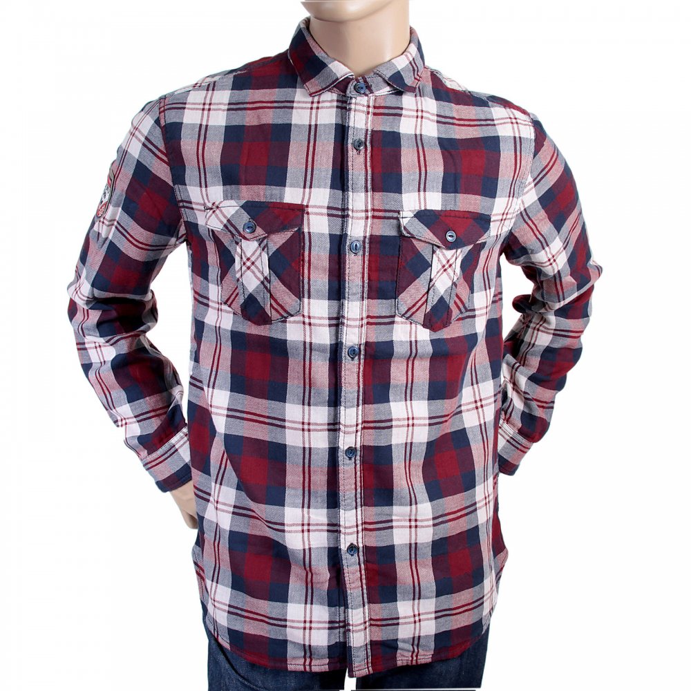 Regular Fit Red and Navy Quadri Check Grandad Shirt