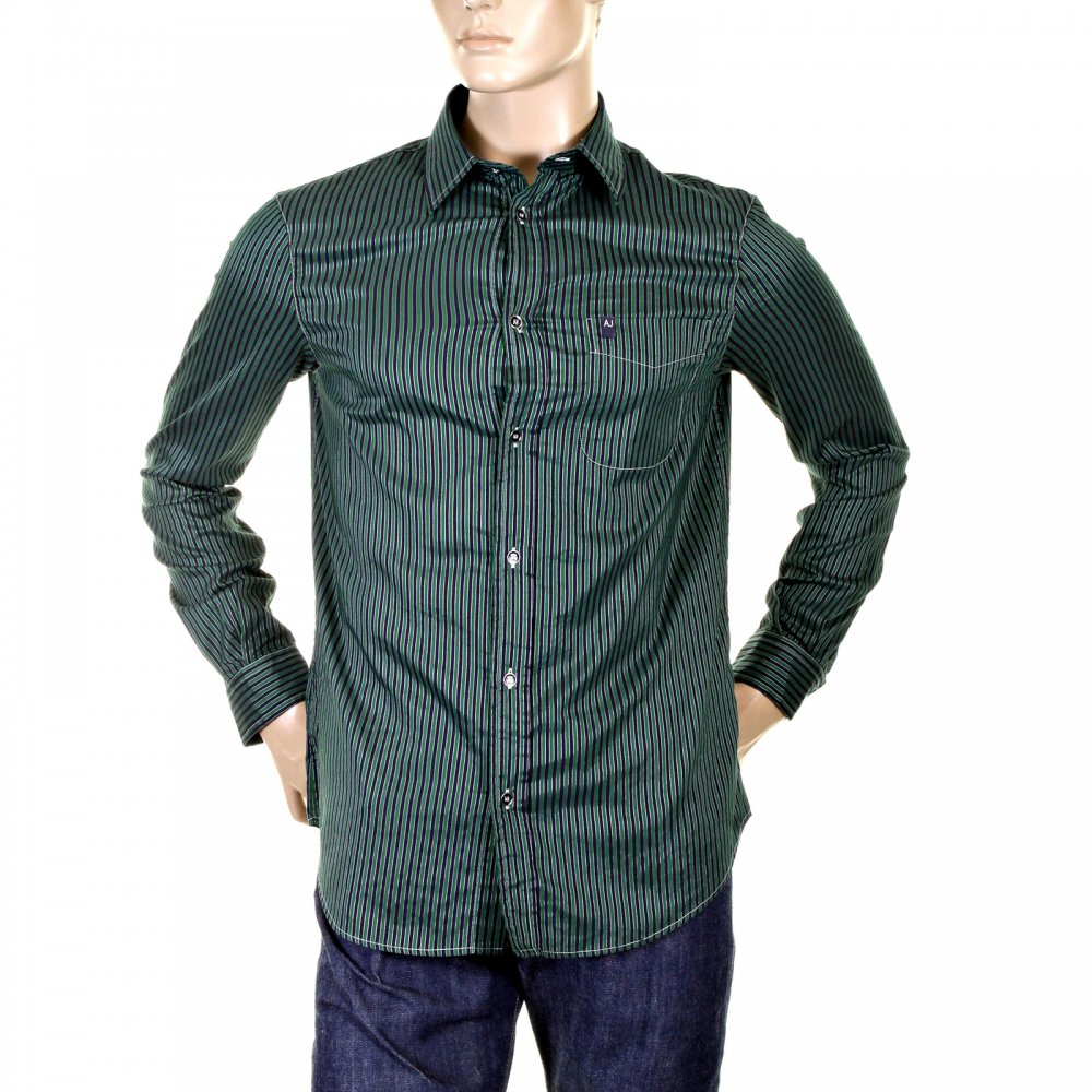 Woven Green and Navy Striped Cotton Mix Long Sleeve Regular Fit Shirt